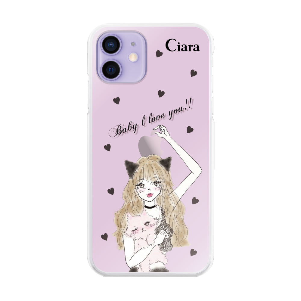 iPhone12/12Pro ハイブリッド クリアケース ブラックキャットガール ピンク