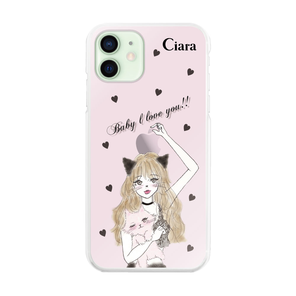 iPhone12mini ハイブリッド クリアケース ブラックキャットガール ピンク