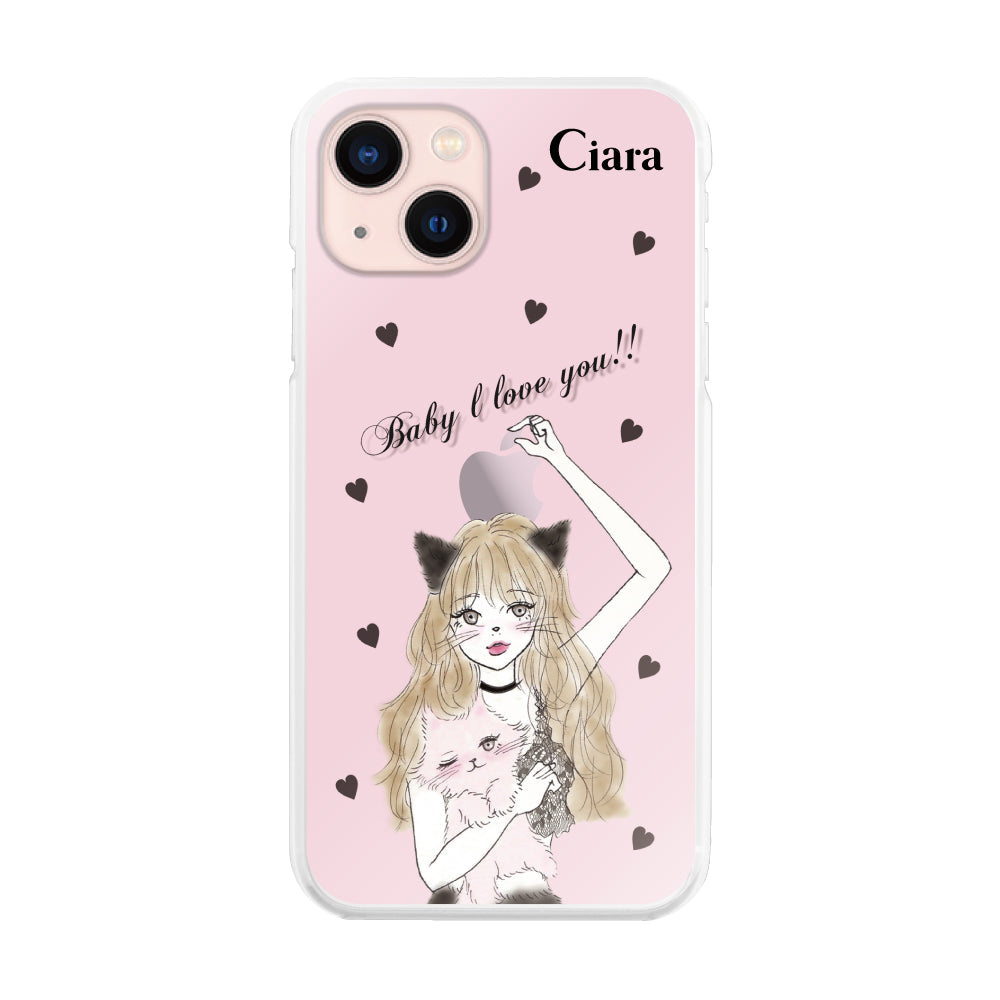 iPhone13 ハイブリッド クリアケース ブラックキャットガール ピンク