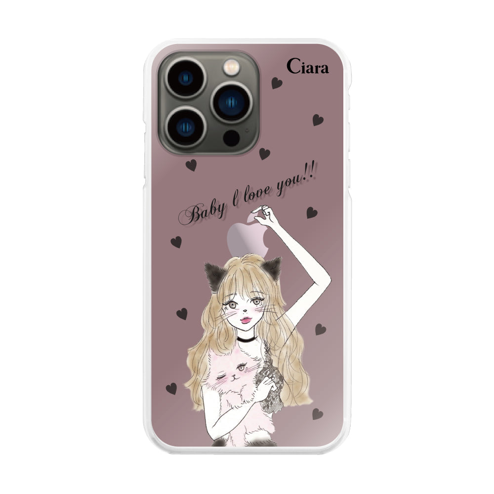 iPhone13Pro ハイブリッド クリアケース ブラックキャットガール ピンク
