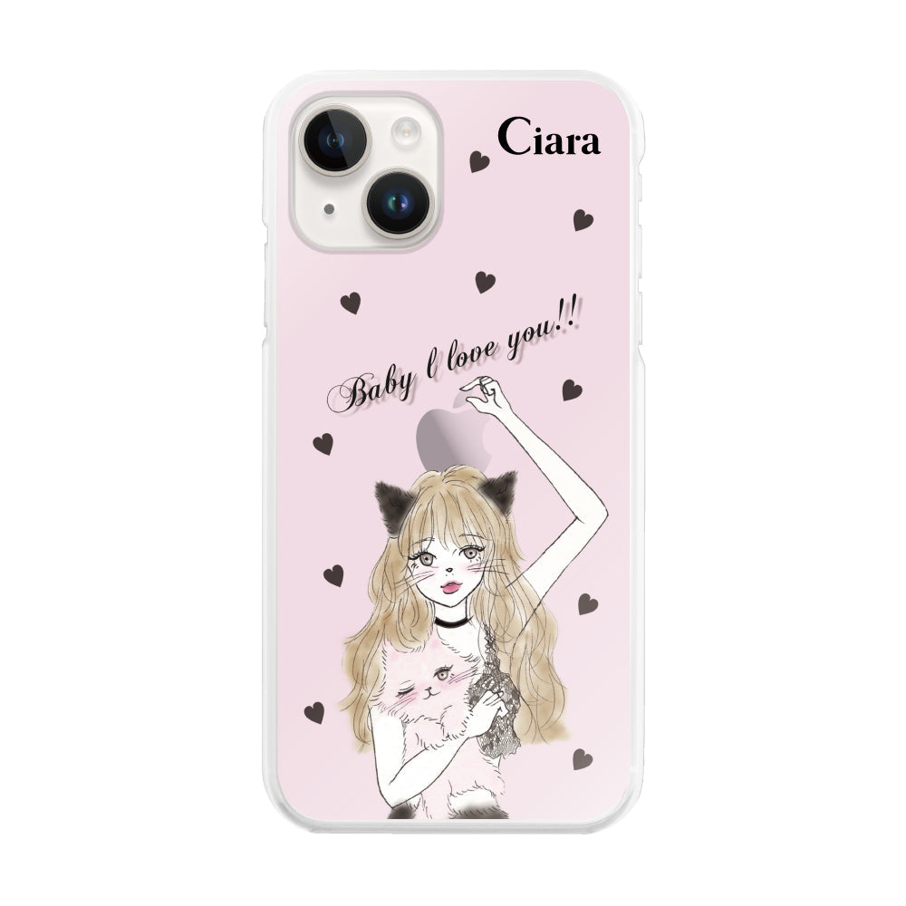 iPhone14 ハイブリッド クリアケース ブラックキャットガール ピンク