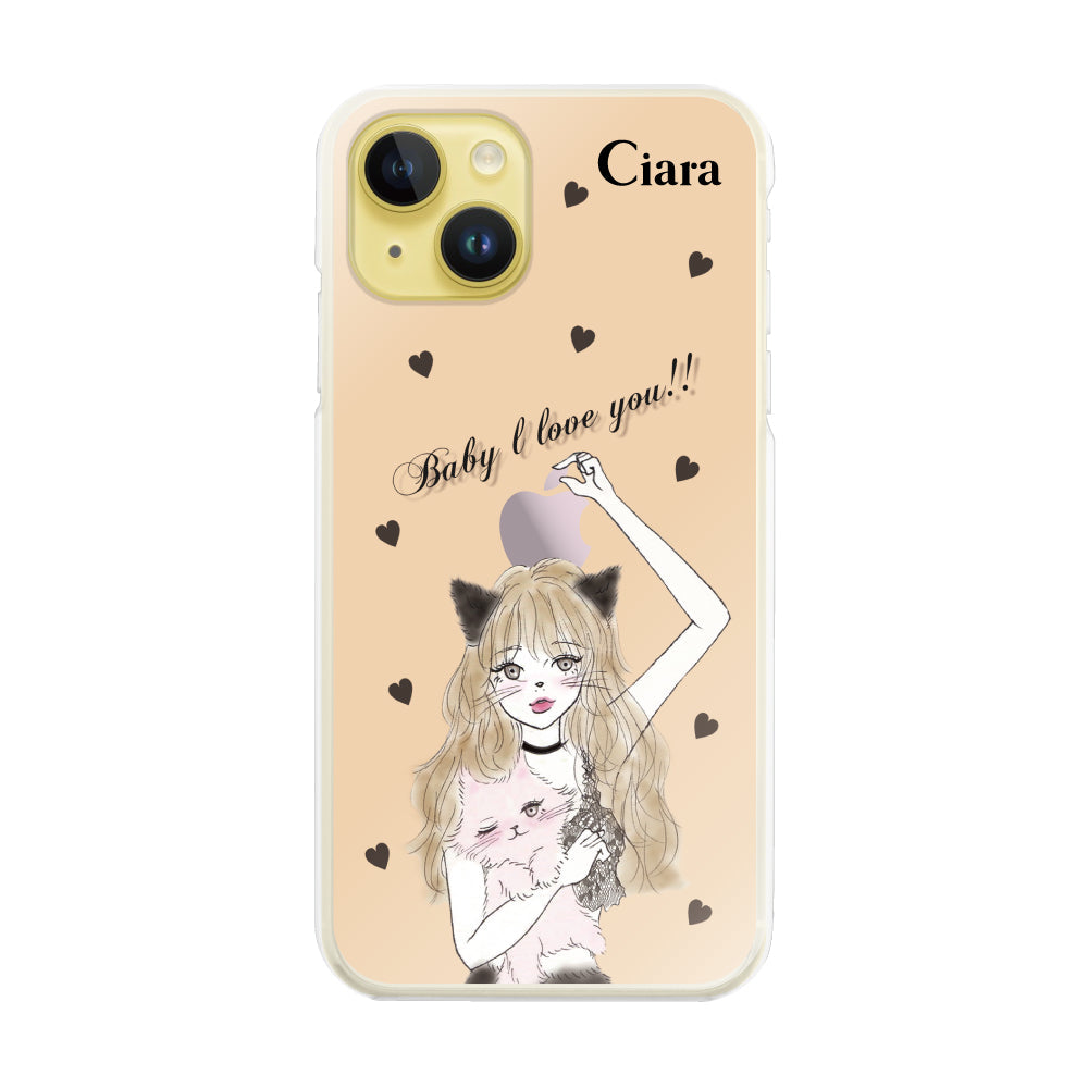iPhone14Plus ハイブリッド クリアケース ブラックキャットガール ピンク