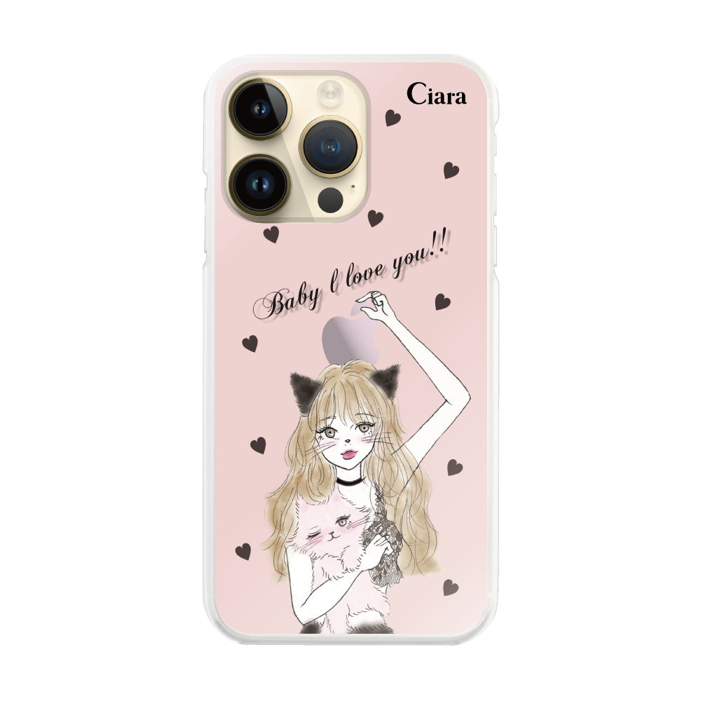 iPhone14Pro ハイブリッド クリアケース ブラックキャットガール ピンク