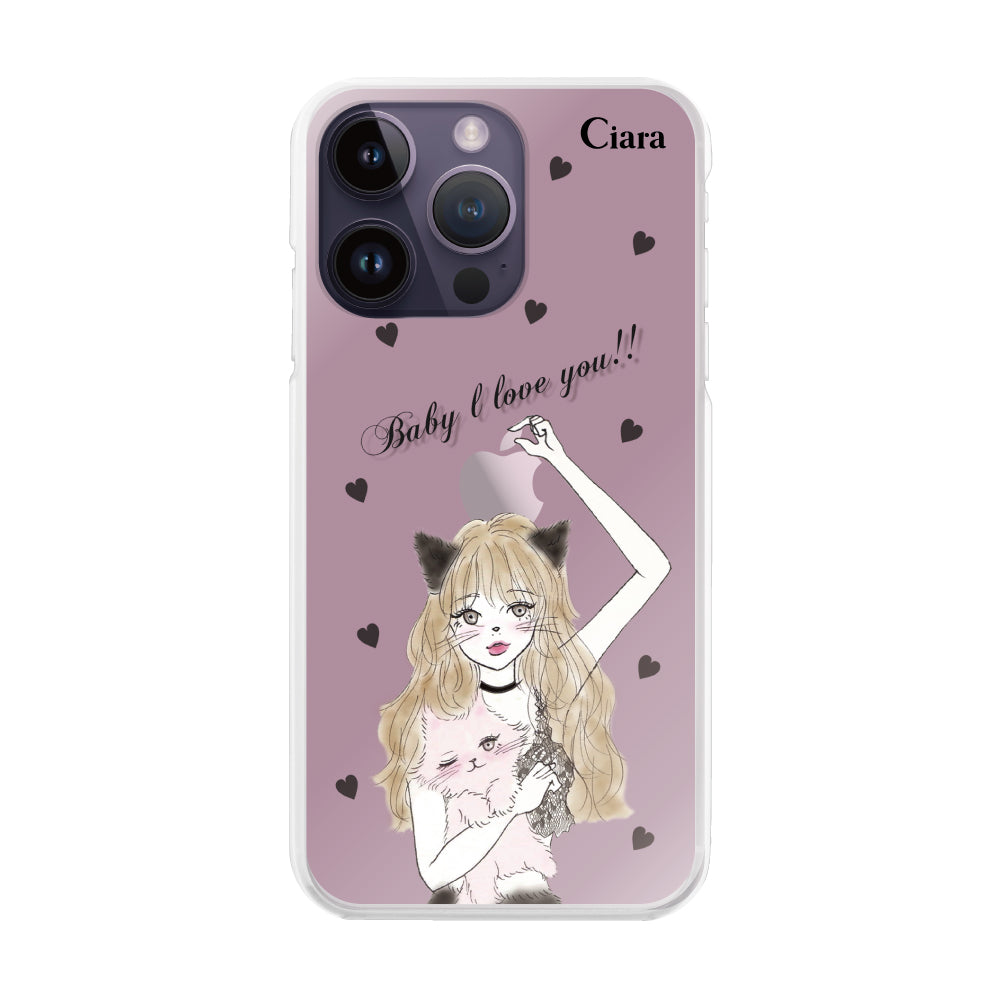iPhone14ProMax ハイブリッド クリアケース ブラックキャットガール ピンク