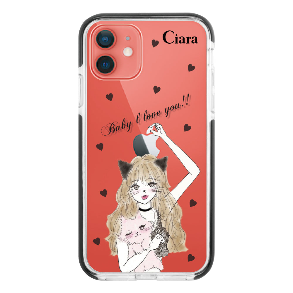 iPhone11ケース クッションバンパー 耐衝撃クリアケース ブラックキャットガール ブラック