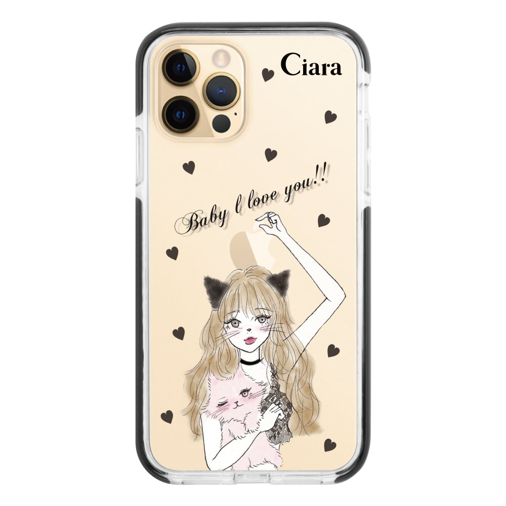 iPhone11ProMaxケース クッションバンパー 耐衝撃クリアケース ブラックキャットガール ブラック