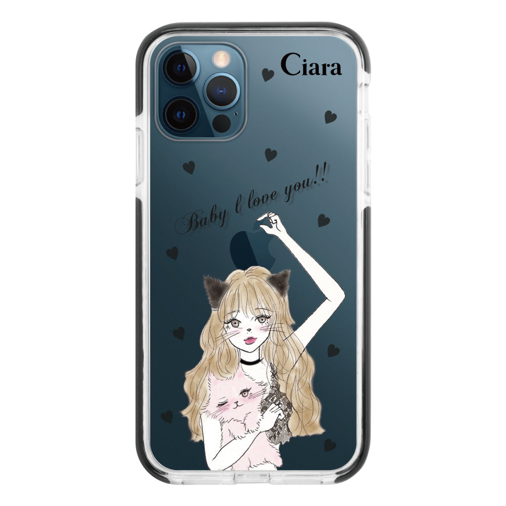 iPhone12ProMaxケース クッションバンパー 耐衝撃クリアケース ブラックキャットガール ブラック