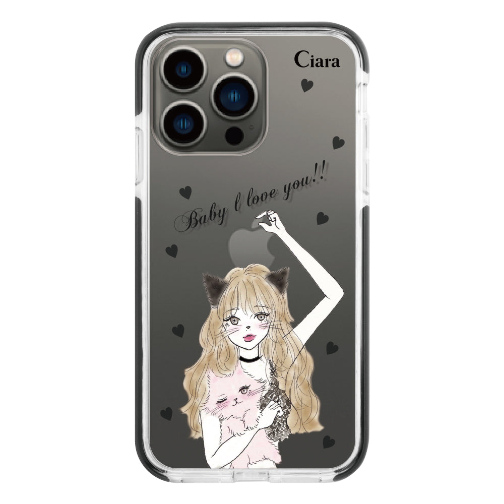 iPhone13Proケース クッションバンパー 耐衝撃クリアケース ブラックキャットガール ブラック