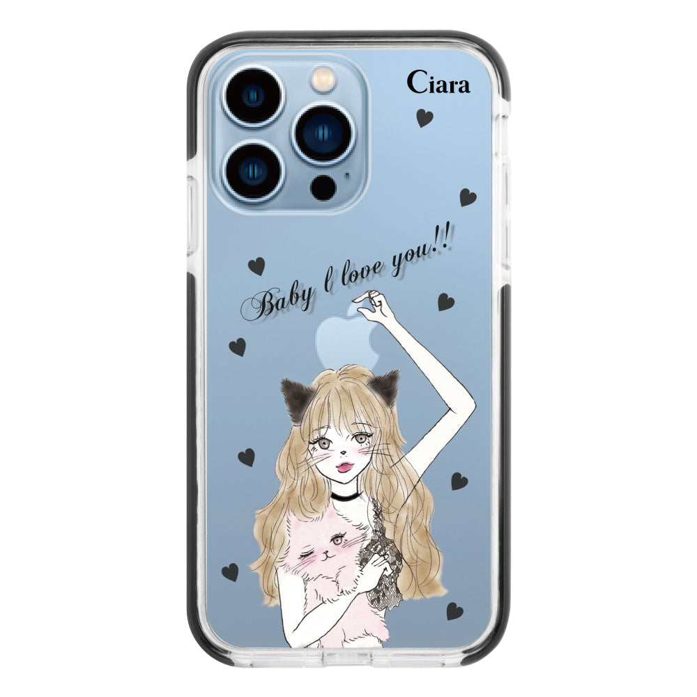 iPhone13ProMaxケース クッションバンパー 耐衝撃クリアケース ブラックキャットガール ブラック