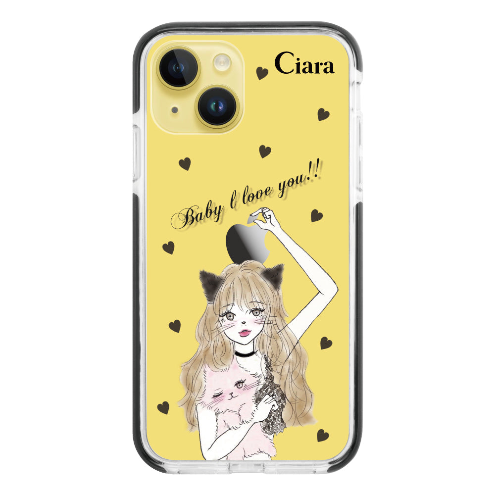iPhone14Plusケース クッションバンパー 耐衝撃クリアケース ブラックキャットガール ブラック