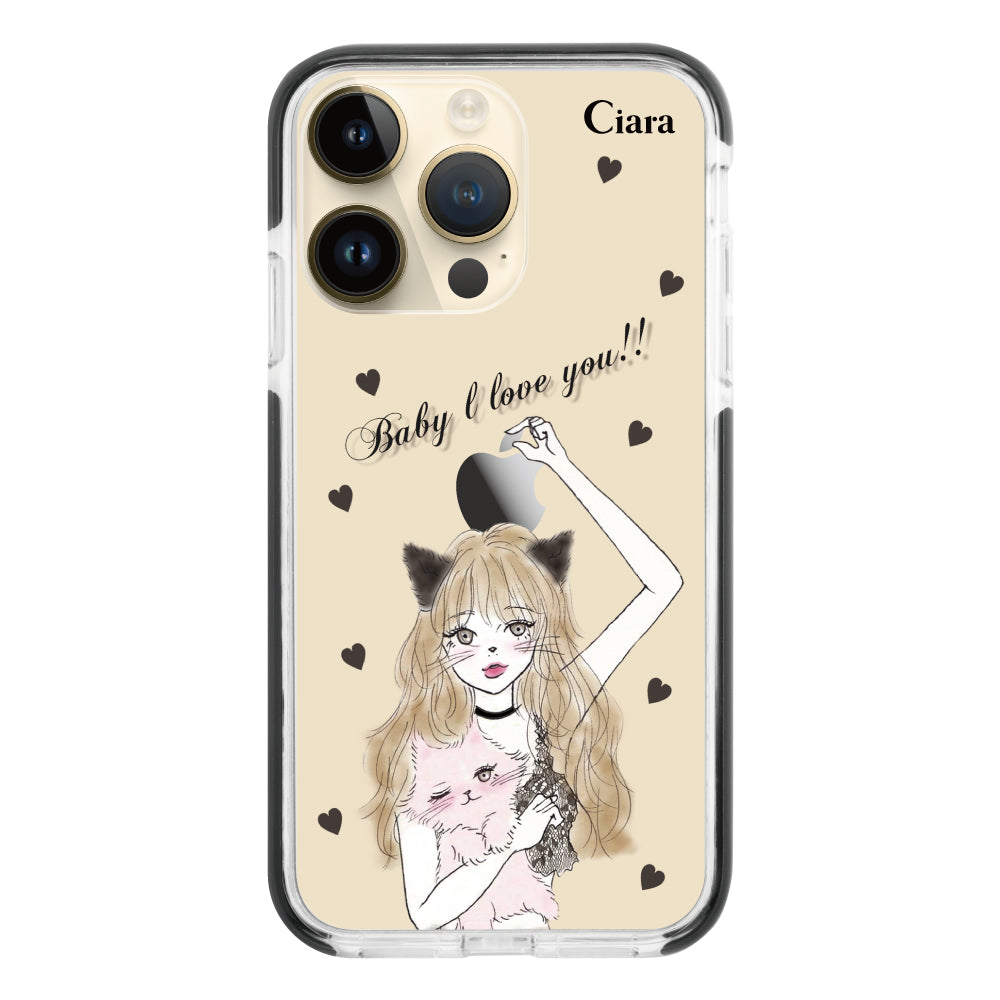 iPhone14Proケース クッションバンパー 耐衝撃クリアケース ブラックキャットガール ブラック