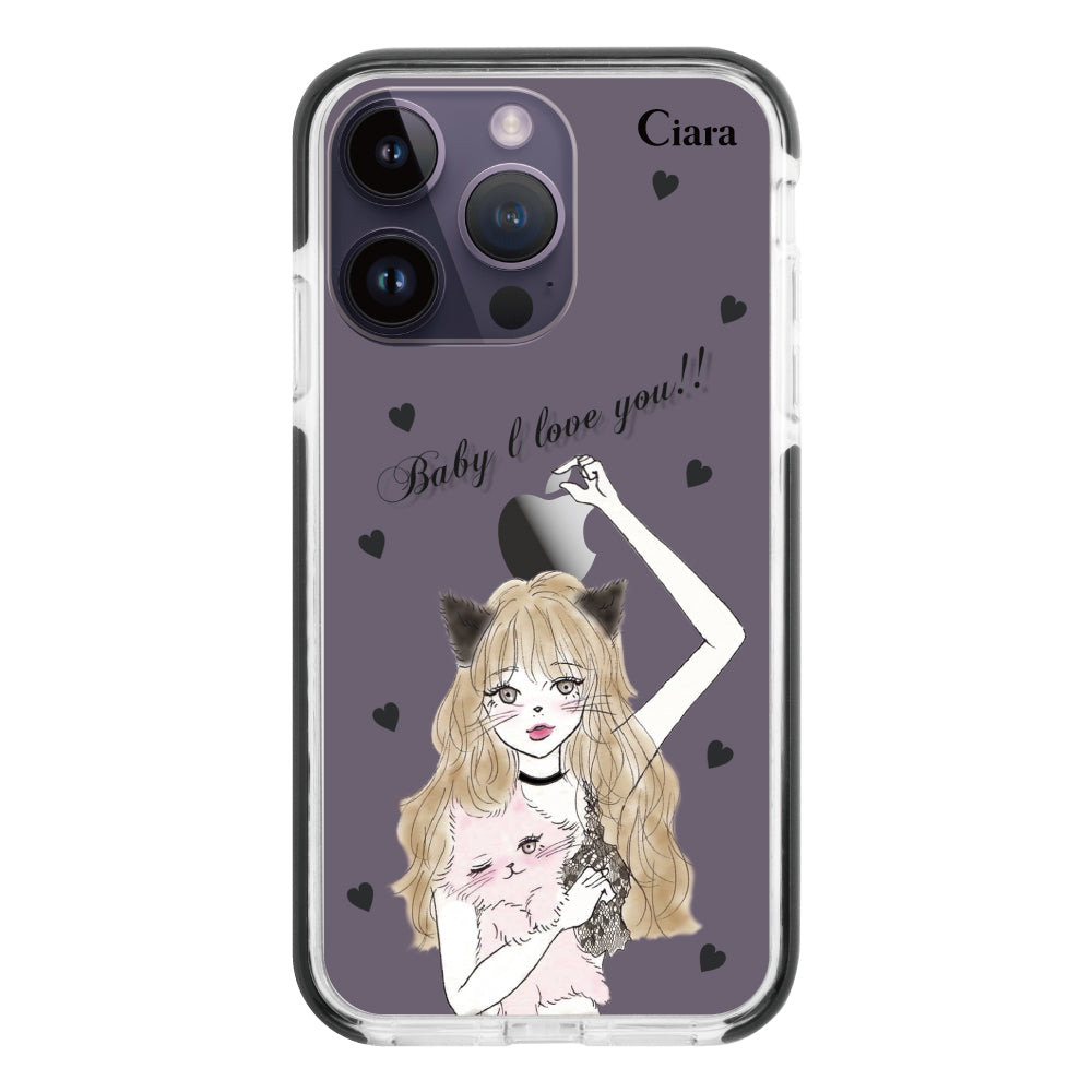 iPhone14ProMaxケース クッションバンパー 耐衝撃クリアケース ブラックキャットガール ブラック