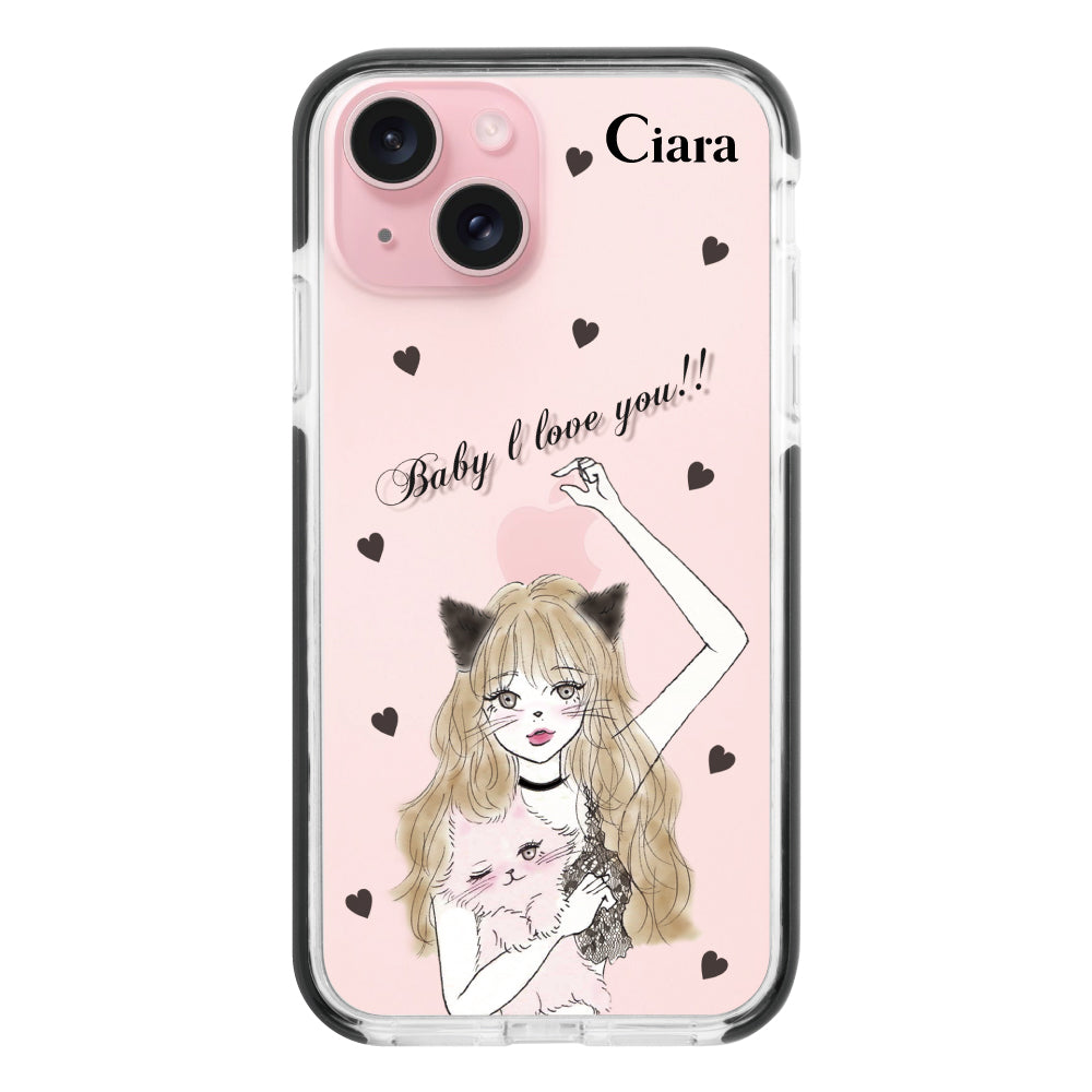 iPhone15ケース クッションバンパー 耐衝撃クリアケース ブラックキャットガール ブラック