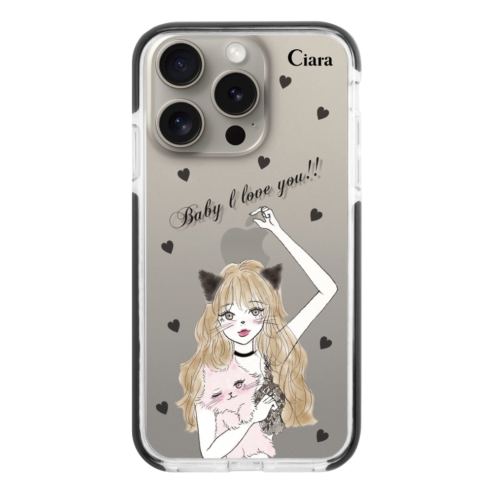 iPhone15Proケース クッションバンパー 耐衝撃クリアケース ブラックキャットガール ブラック