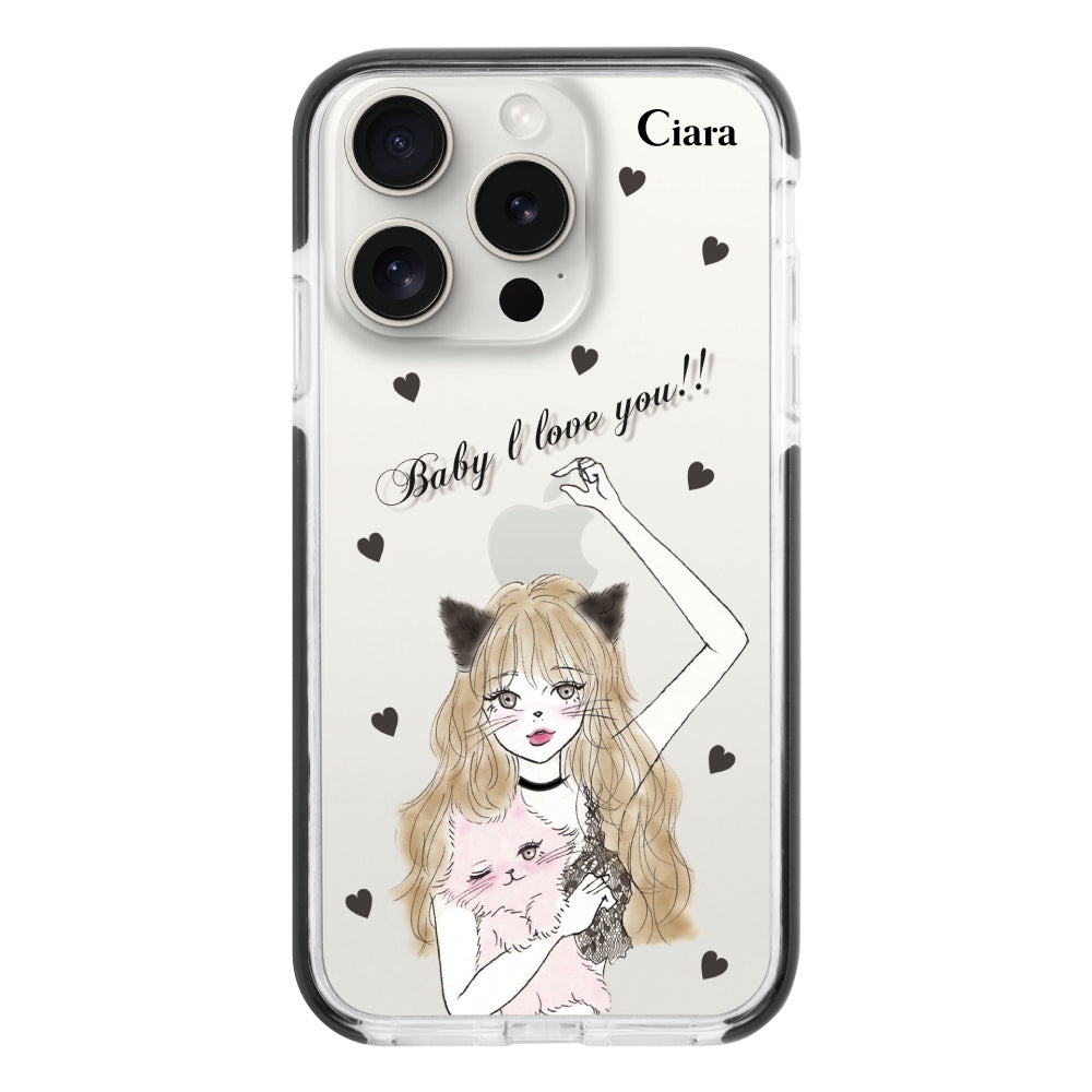 iPhone15ProMaxケース クッションバンパー 耐衝撃クリアケース ブラックキャットガール ブラック
