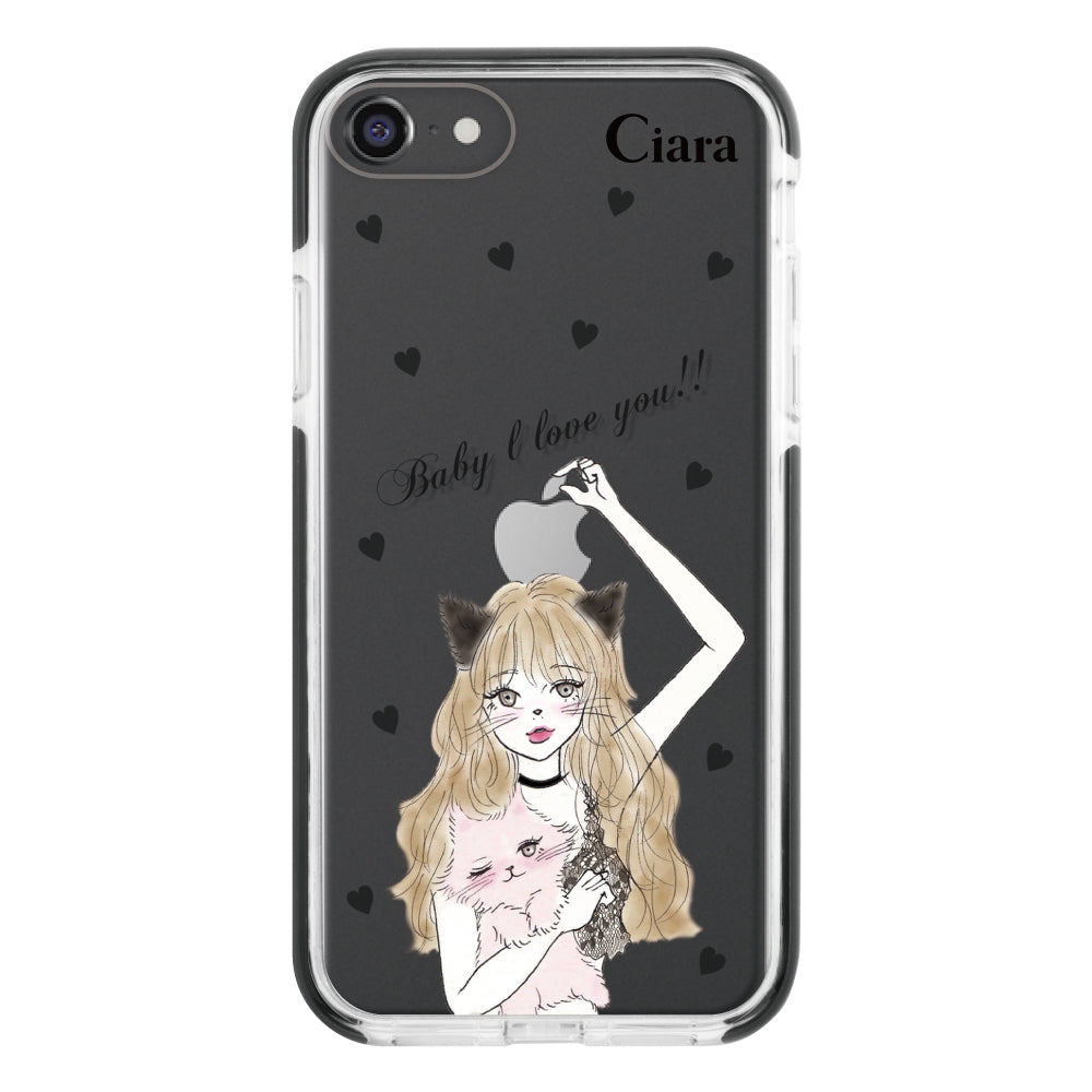 iPhone7/8ケース クッションバンパー 耐衝撃クリアケース ブラックキャットガール ブラック