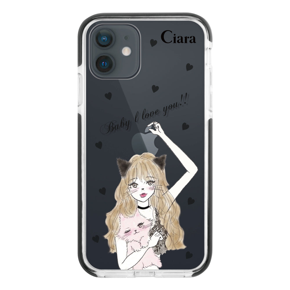 iPhoneXRケース クッションバンパー 耐衝撃クリアケース ブラックキャットガール ブラック