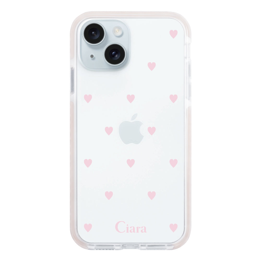 iPhone15Plusケース クッションバンパー 耐衝撃クリアケース スウィートハート ピンク