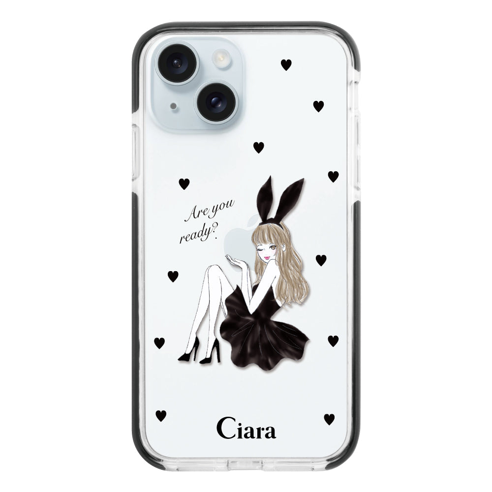 iPhone15Plusケース クッションバンパー 耐衝撃クリアケース ブラックバニー クリア