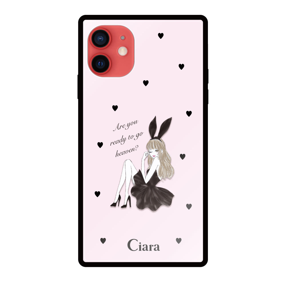 iPhone11ケース スクエア 強化ガラスケース ブラックバニー ピンク