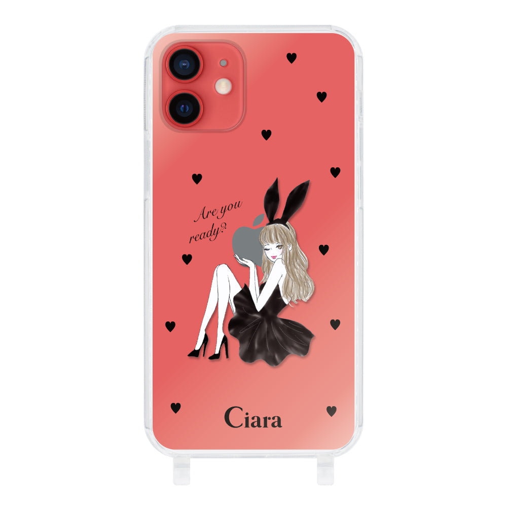 iPhone11 ストラップクリアケース ブラックバニー クリア