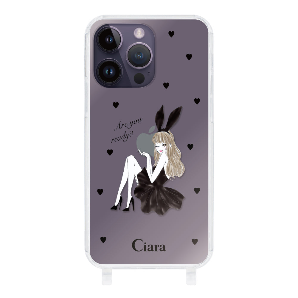 iPhone14ProMax ストラップクリアケース ブラックバニー クリア