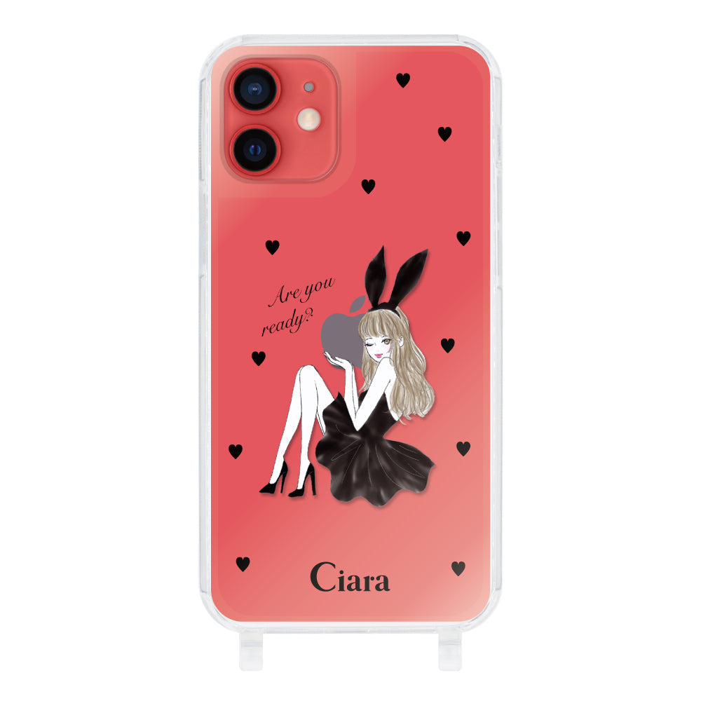 iPhone11 ストラップクリアケース ブラックバニー ピンク