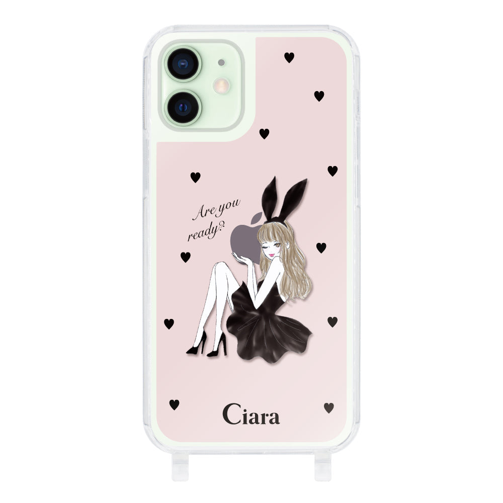 iPhone12mini ストラップクリアケース ブラックバニー ピンク
