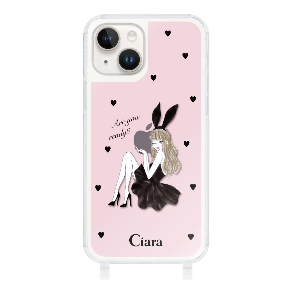 iPhone14 ストラップクリアケース ブラックバニー ピンク