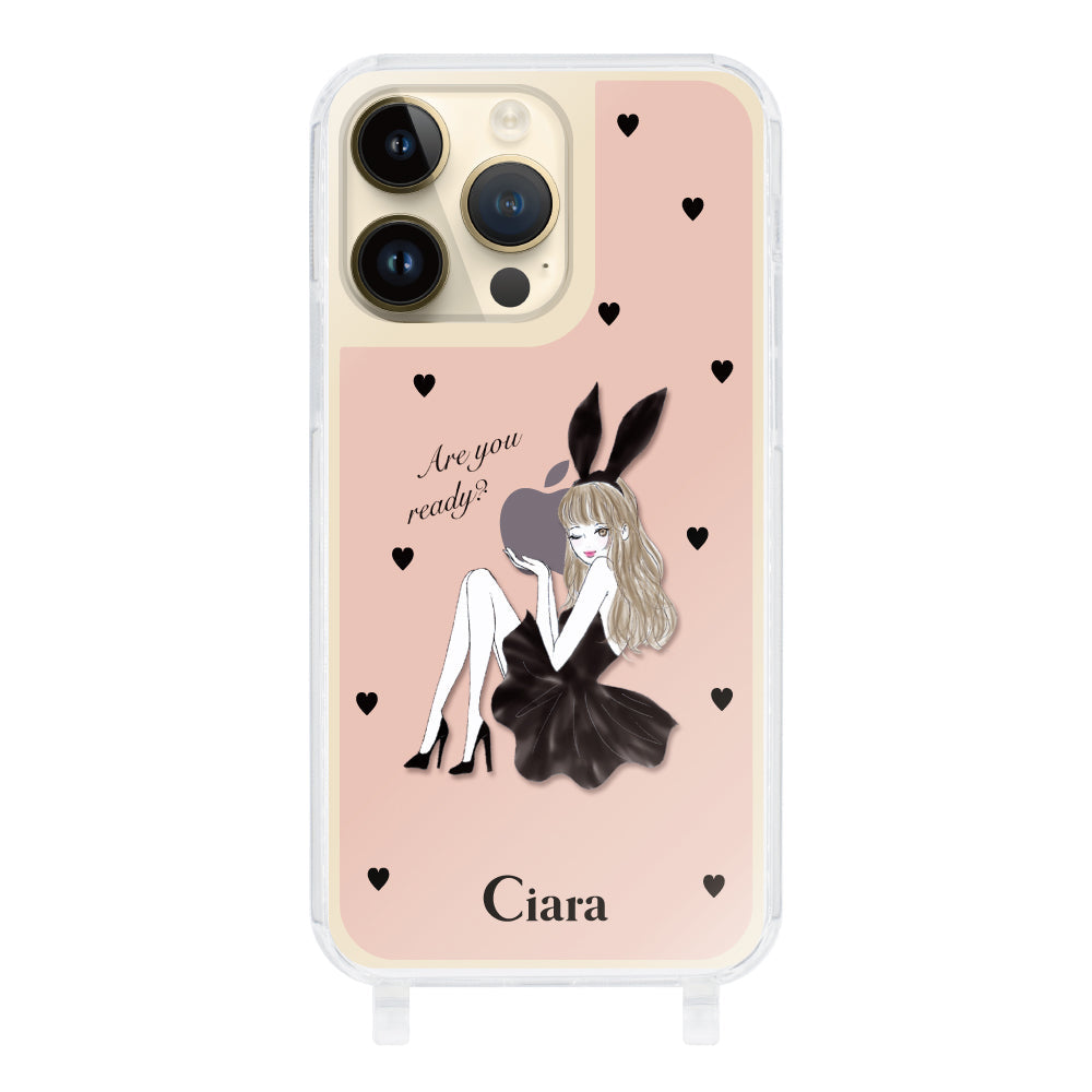 iPhone14Pro ストラップクリアケース ブラックバニー ピンク