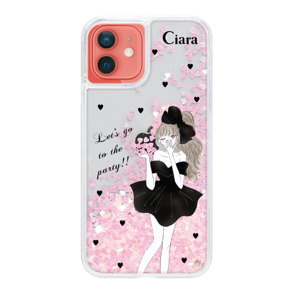 iPhone11 グリッター オイルクリアケース ブラックリボン ピンク