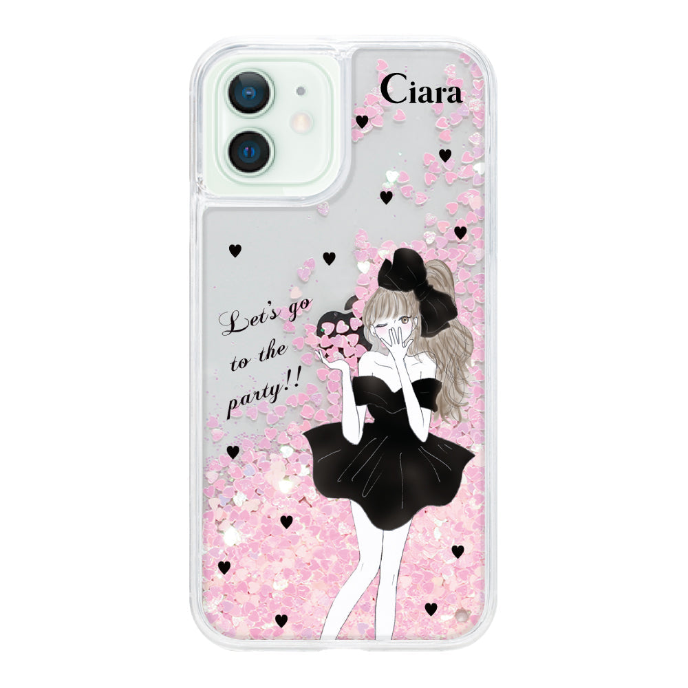 iPhone12mini グリッター オイルクリアケース ブラックリボン ピンク