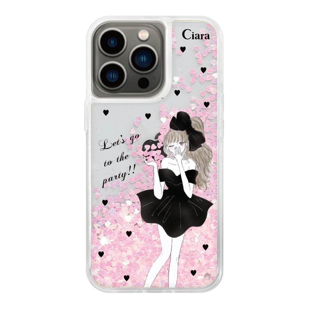 iPhone13Pro グリッター オイルクリアケース ブラックリボン ピンク