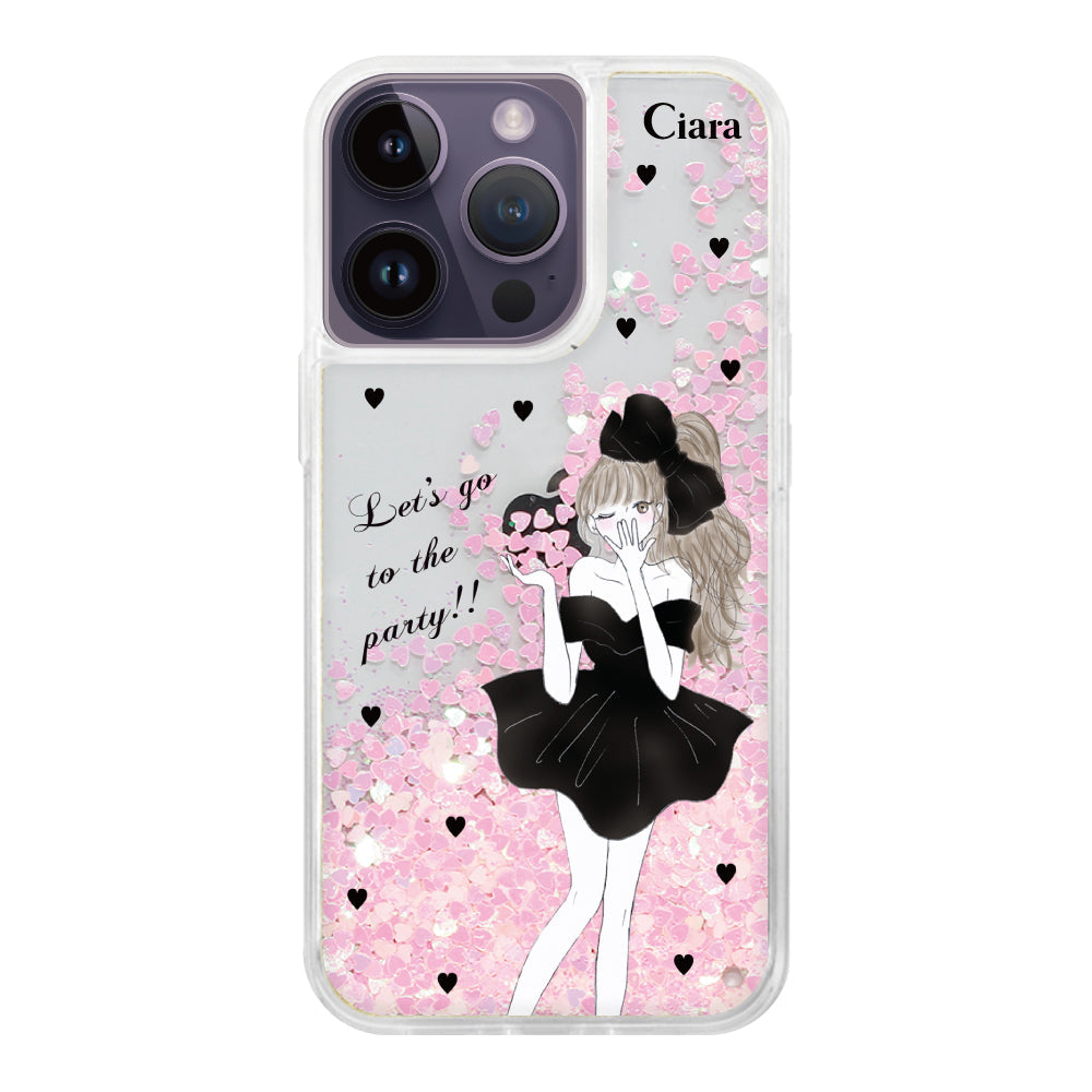 iPhone14ProMax グリッター オイルクリアケース ブラックリボン ピンク