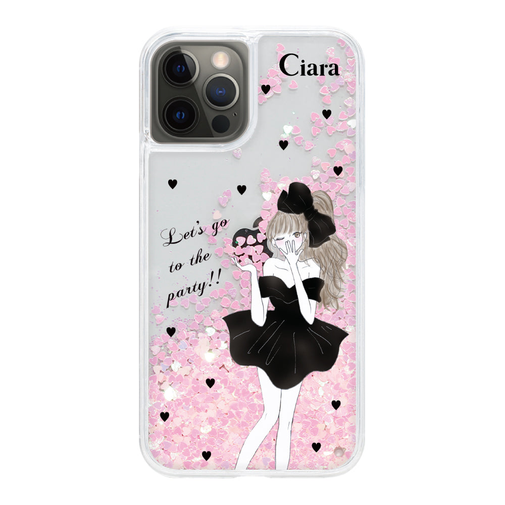 iPhoneX/XS グリッター オイルクリアケース ブラックリボン ピンク