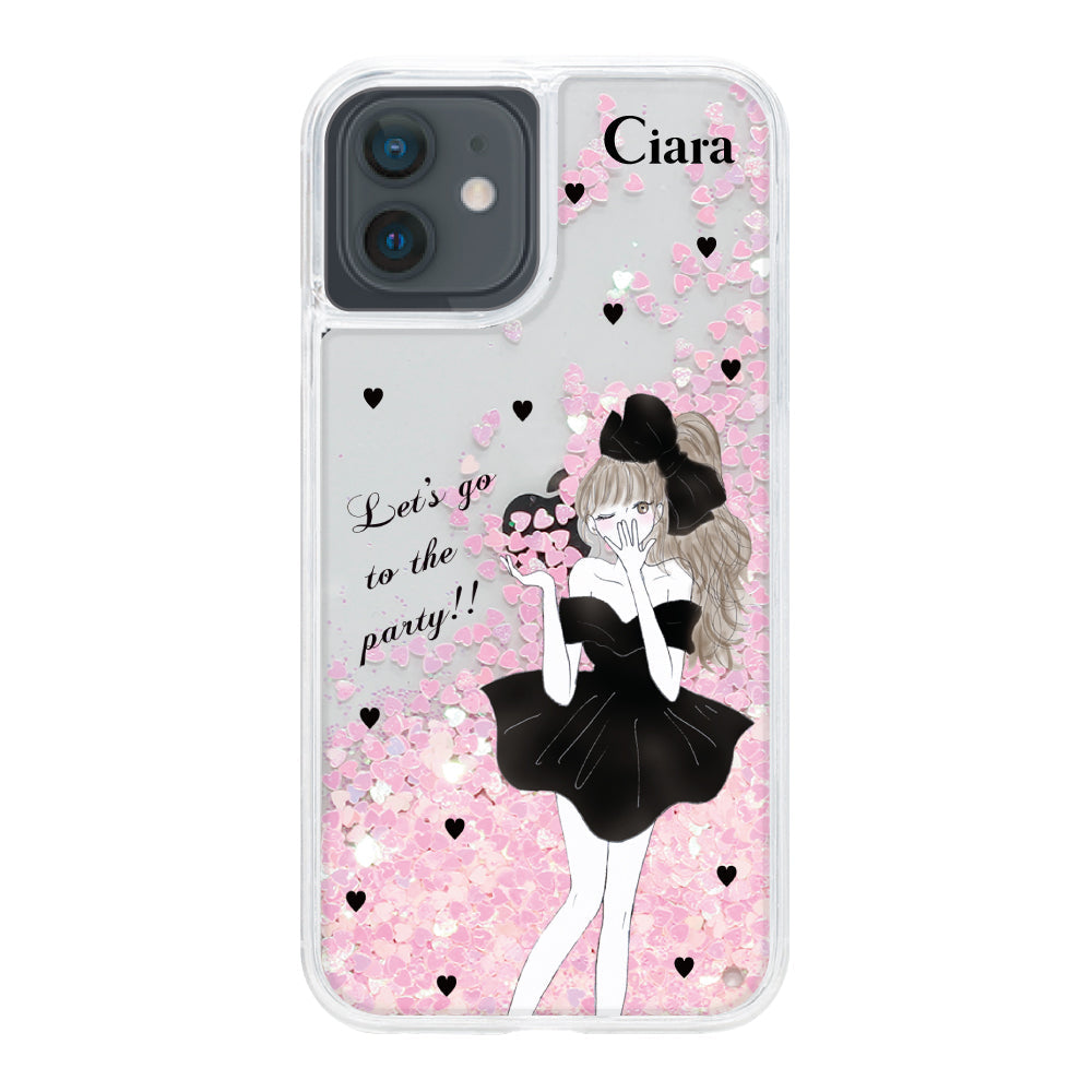 iPhoneXR グリッター オイルクリアケース ブラックリボン ピンク