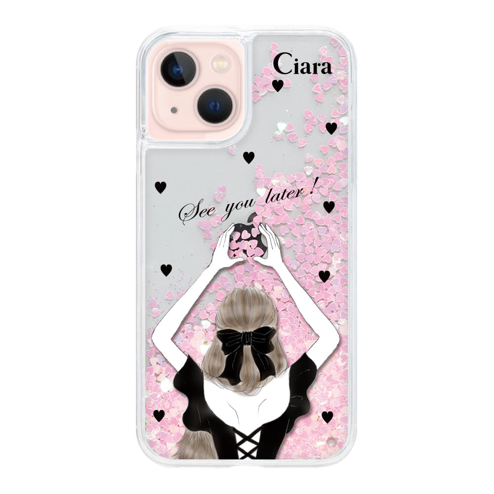 iPhone13 グリッター オイルクリアケース ブラックバックショット ピンク