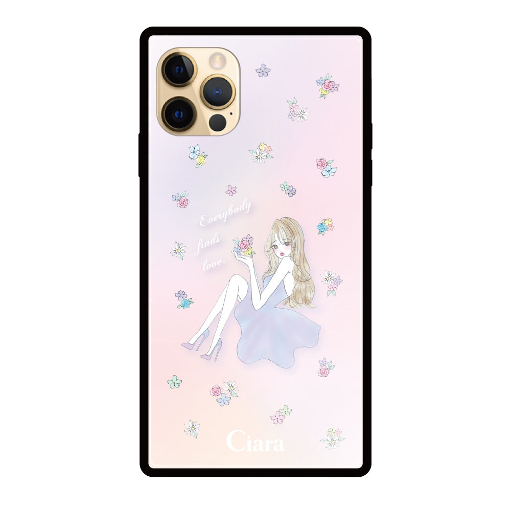 iPhone11Proケース スクエア 強化ガラスケース ラベンダーガール パステル