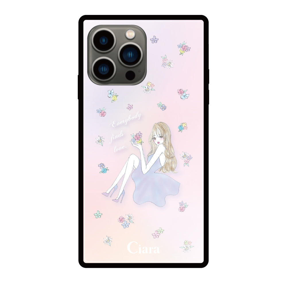 iPhone13Proケース スクエア 強化ガラスケース ラベンダーガール パステル