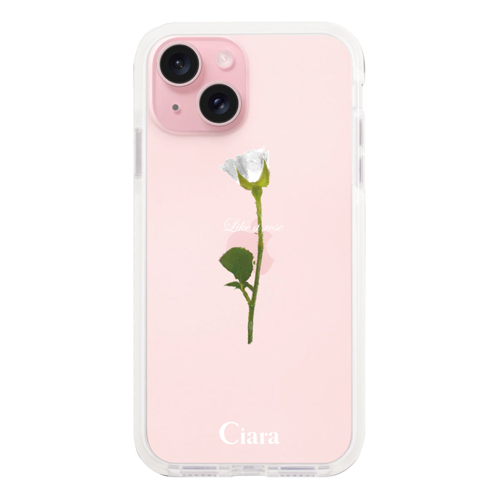 iPhone15ケース クッションバンパー 耐衝撃クリアケース ウォーターローズ ホワイト