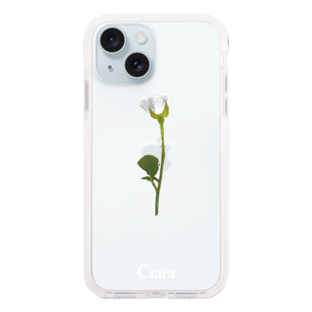 iPhone15Plusケース クッションバンパー 耐衝撃クリアケース ウォーターローズ ホワイト