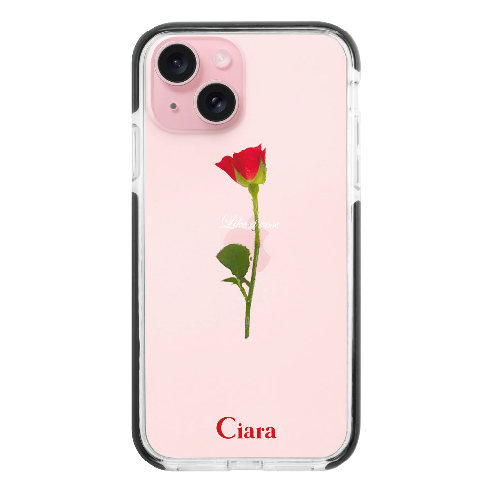 iPhone15ケース クッションバンパー 耐衝撃クリアケース ウォーターローズ レッド