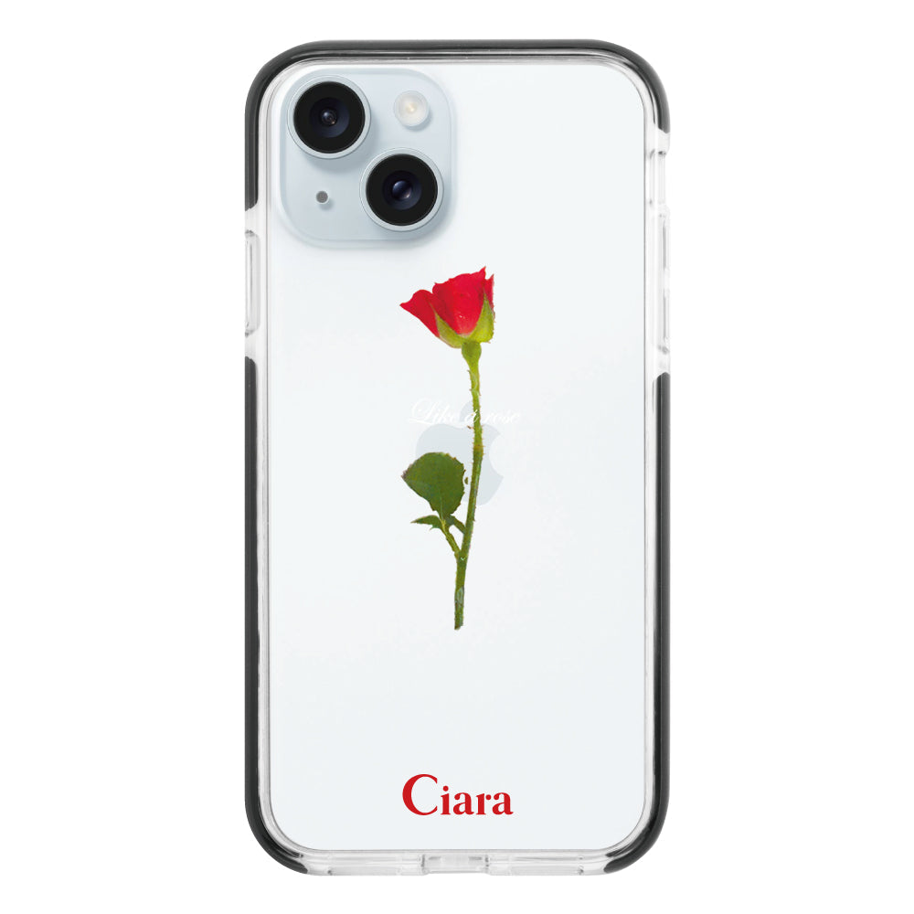 iPhone15Plusケース クッションバンパー 耐衝撃クリアケース ウォーターローズ レッド