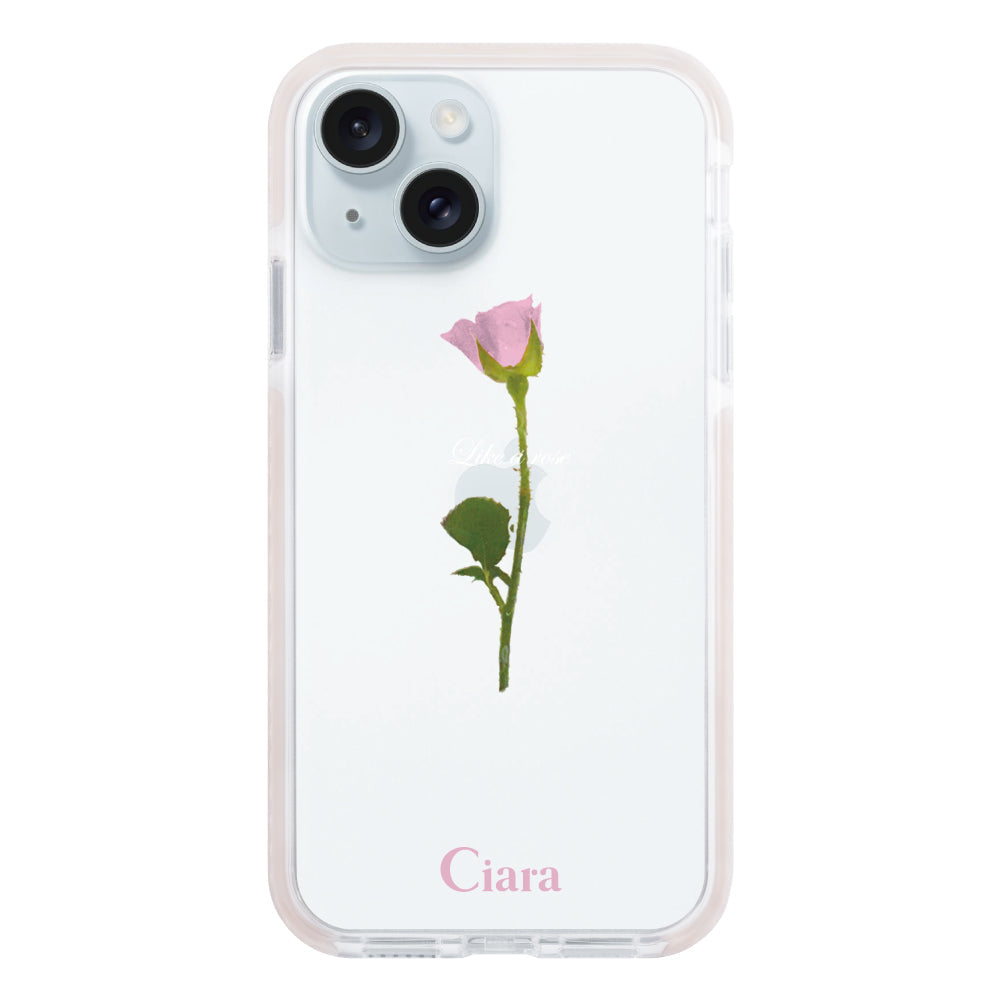 iPhone15Plusケース クッションバンパー 耐衝撃クリアケース ウォーターローズ ピンク