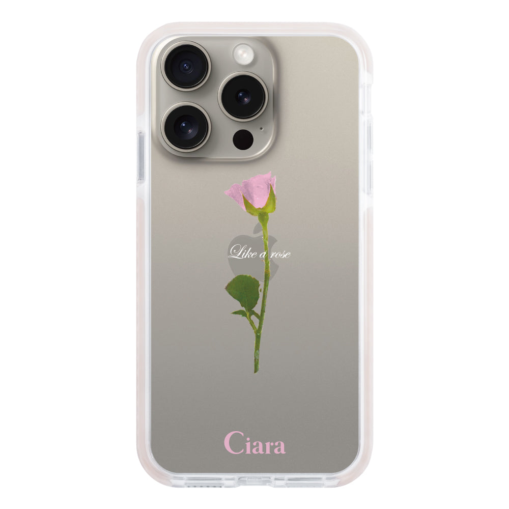 iPhone15Proケース クッションバンパー 耐衝撃クリアケース ウォーターローズ ピンク