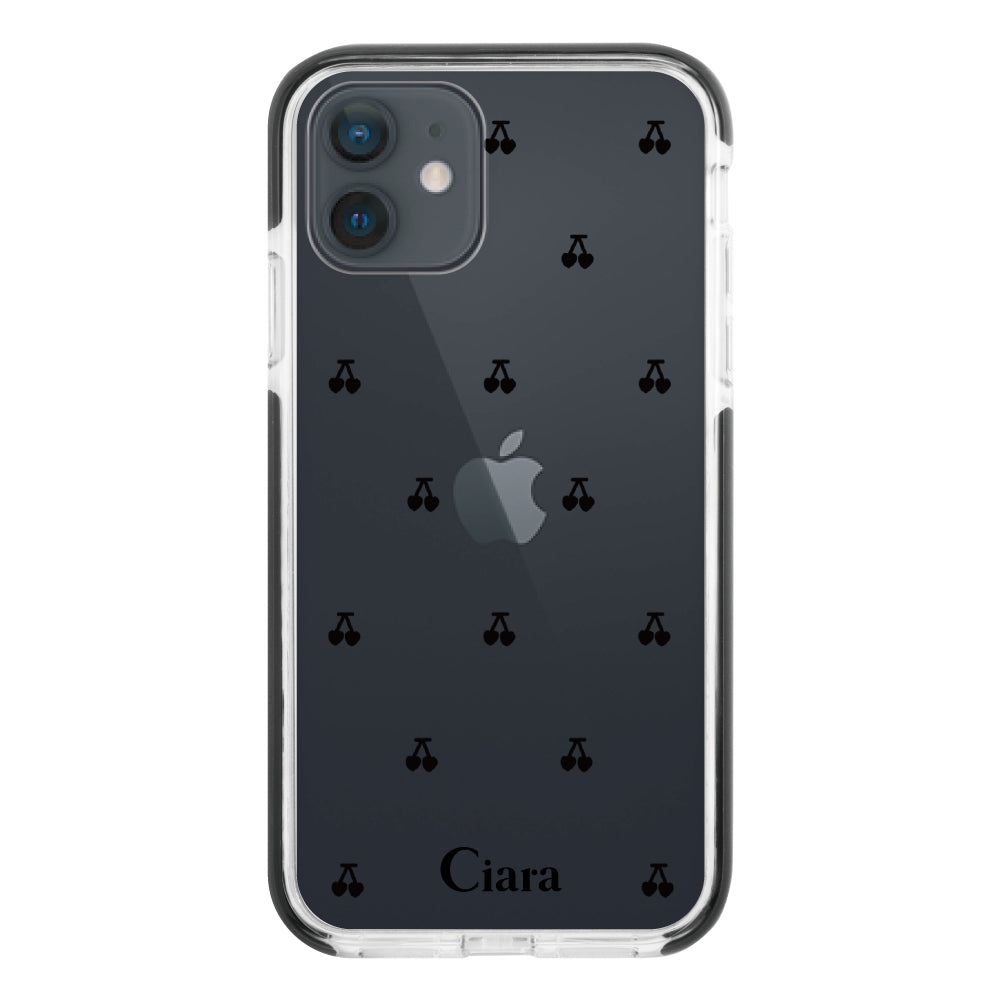 iPhoneXRケース クッションバンパー 耐衝撃クリアケース タイニーチェリー ブラック