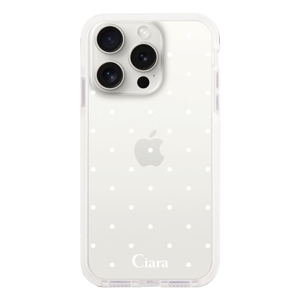 iPhone15ProMaxケース クッションバンパー 耐衝撃クリアケース スウィートドット ホワイト
