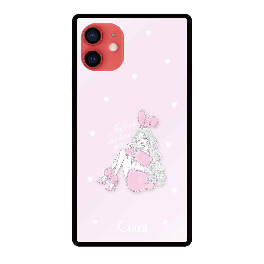 iPhone11ケース スクエア 強化ガラスケース ピンクバニー ピンク