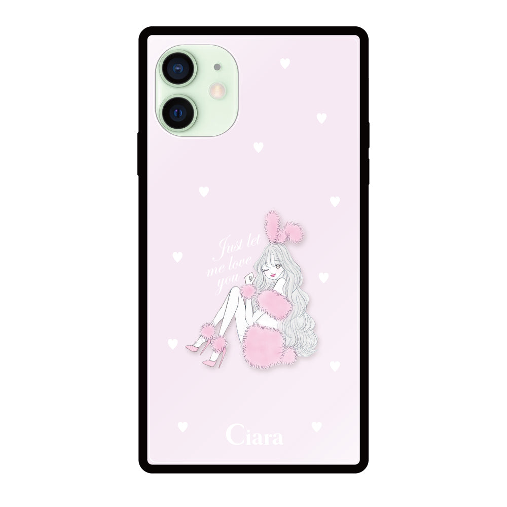iPhone12miniケース スクエア 強化ガラスケース ピンクバニー ピンク