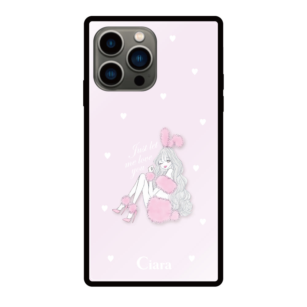 iPhone13Proケース スクエア 強化ガラスケース ピンクバニー ピンク